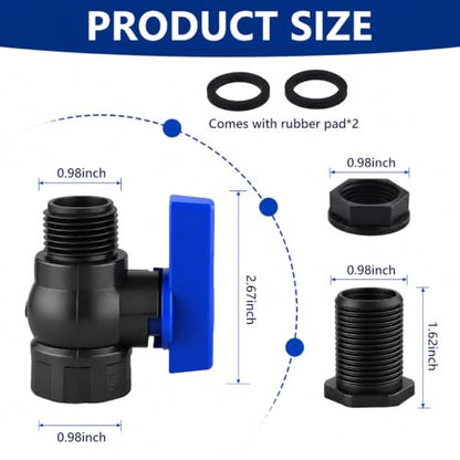 2 Pack 3/4 Inch Rain Barrel Spigot Kit, PVC Garden Hose Shut Off Valve with Bulkhead Fitting, Rain Barrel Diverter Kit for Water Tanks, Aquariums, Garden Barrel