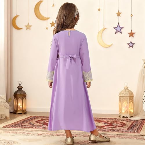 FYMNSI Kids Girls Muslim Abaya Dress Modest Lace Belted Prayer Dress Islamic Maxi Robe Kaftan Ramadan Arabian Dubai Clothes - color: Purple, Pink, size: 8-9 Years