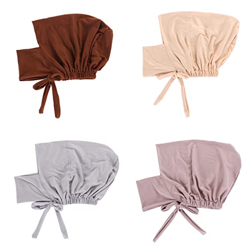 4 Pieces Muslim Hijab Inner Cap Cover Chin with Tie Back Stretchy Islamic Underscarf Underwrap Bonnet Turban Hat - color: Beige Grey Tan Coffee