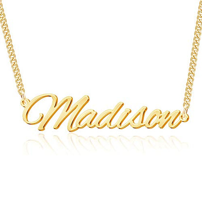 TinyName Custom Name Necklace Personalized 18K Gold Plated Nameplate Customized Jewelry Gift for Women - color: Horizontal Name Necklace-Curb Chain