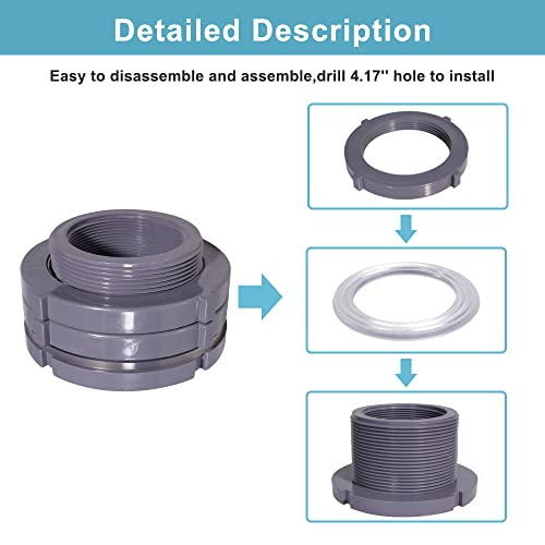 Ququyi 3 Inch PVC Bulkhead Water Tank Connector Adapter Fitting with Plugs Thru-Bulk Pipe Fitting for Rain Barrels, Aquariums, Ponds(Set of 1) - size: 3"-1pcs