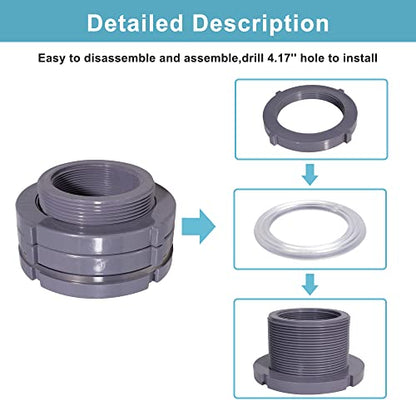 Ququyi 3 Inch PVC Bulkhead Water Tank Connector Adapter Fitting with Plugs Thru-Bulk Pipe Fitting for Rain Barrels, Aquariums, Ponds(Set of 1) - size: 3"-1pcs