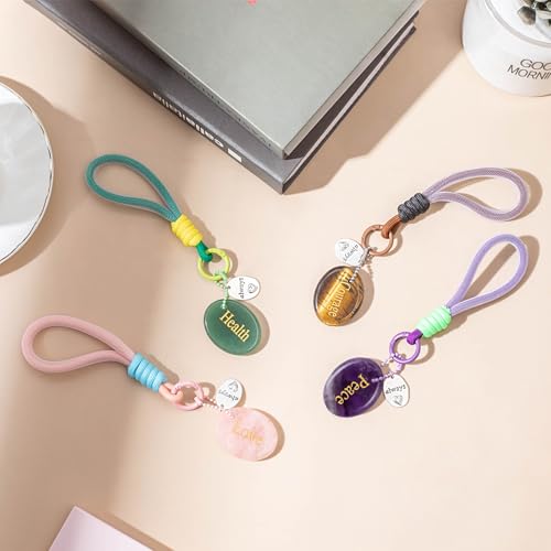 Crystal Keychain Set - Natural Healing Stones with Affirmation Cards- Worry Stone Anxiety Relief Gift - color: Green