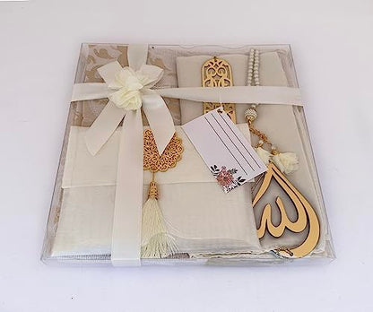 SAIKA Muslim Prayer Rug, 7 in One Gift Set, Prayer Mat Surah Book, Tasbeeh, Scarf, Surah Case, Bookmark, Car Mirror Hanger, Prayer Beads,Islamic Gift for Umrah, Hajj, Wedding, Janamaz (Cream) - color: Cream