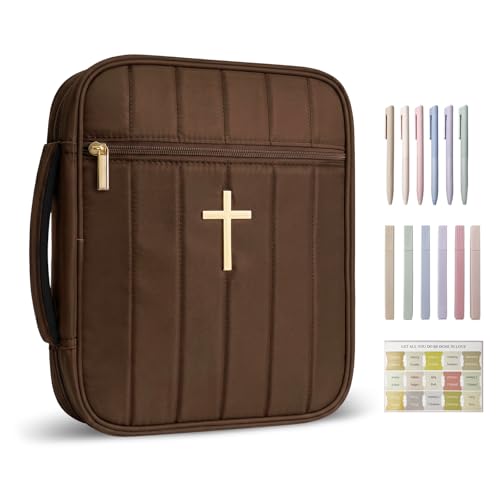 Wuflyover Bible Bag for Women with Study Set, Quilted Bible Cover Case with Handle, Bible Carrying Case for Church, Tabs, Notes, Pens and Highlighters, (Brown+Study Accessories) - color: Brown+study Accessories