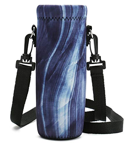 Neoprene Water Bottle Carrier Bag with Adjustable Shoulder Strap,Insulated Water Bottle Cover for Stainless Steel/Glass/Plastic Bottles - color: Blue Marble, size: 500ml