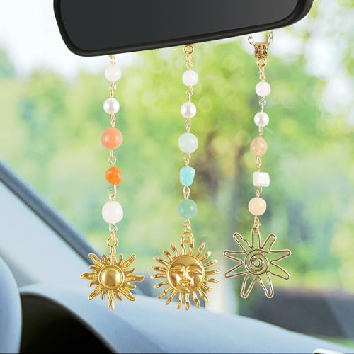 3 Pack Sun Rear View Mirror Hanging Accessories, Hanging Sun Charm with Healing Crystal, Boho Car Charms, Healing Mirror Decor Cute Accessories for Women (Retro)