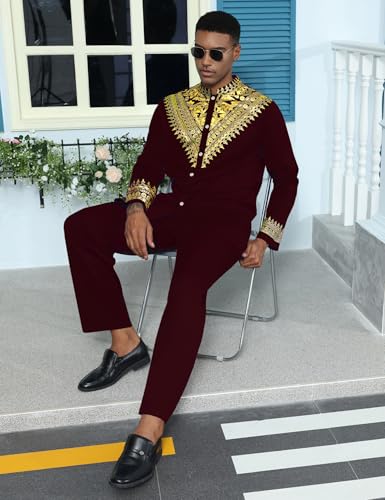 Mens African 2 Piece Set Metallic Traditional Suit Gold Stamp Printed African Dashiki Shirt and Pants Outfit - color: Wine Red, size: Medium