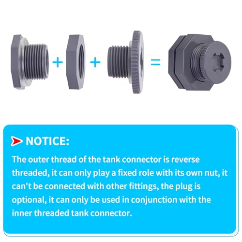 ChillWaves PVC Bulkhead Fitting 1/2" Double Thread Connector Adapter with Plugs for Water Tank, Aquariums, Rain barrels(4-PACK) - size: 1/2 INCH, style: Bulkhead Fitting + Plug