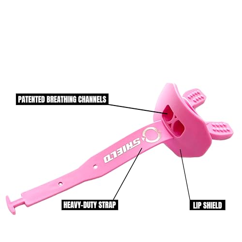 O Shield Striker Football Lip Guard with Permanent Strap | Football Lip Guard with Permanent Strap — Front Teeth, Lip, and Full Bite-Surface Coverage, No-Boil Ready Fit - color: Pink