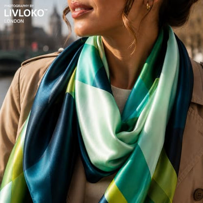 LONDON Women’s Satin Silky Scarf Gift Box Large Lightweight Silky Smooth Shawl Wrap for Hair, Head, Neck or Hijab - color: Green - Box