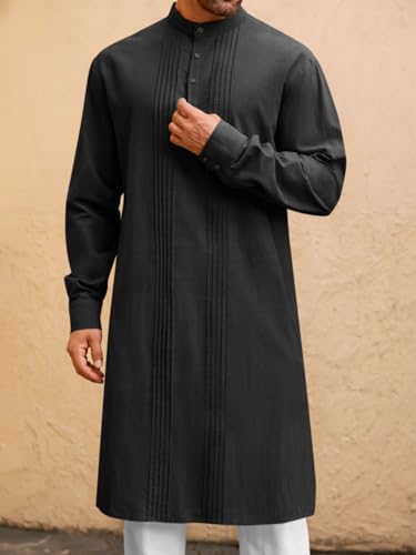 Runcati Mens Kaftan Robe Button Down Long Sleeve Cotton Linen Thobe Casual Muslim Gown Henley Shirt - color: Black, size: X-Large