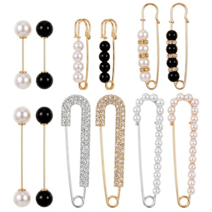 Fumwase 12PCS Faux Pearl Brooch Pins for Women Fashion Safety Sweater Shawl Clips Clothing Accessory Set Pearl Rhinestones Brooches for Scarves Blouses Dresses