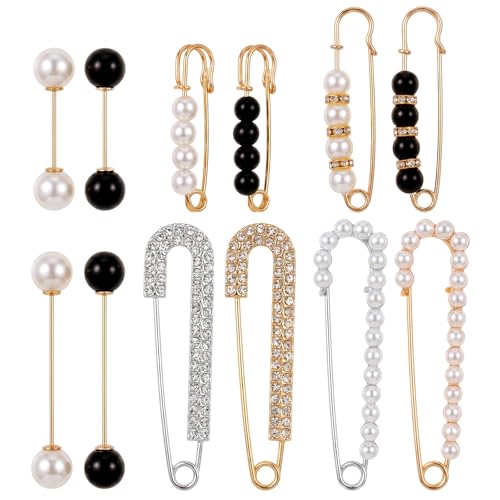 Fumwase 12PCS Faux Pearl Brooch Pins for Women Fashion Safety Sweater Shawl Clips Clothing Accessory Set Pearl Rhinestones Brooches for Scarves Blouses Dresses