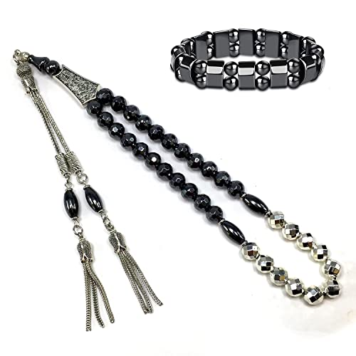Design-Long & Stylist Tassels Collection Worry Beads-Prayer Beads-Tesbih-Tasbih-Tasbeeh-Misbaha-Subha-Sebha-Sibha-Rosary (Black and Silver Plated Hematite 8 mm 33 Beads & Bracelet) - color: -Faceted Black and Silver Plated Hematite 8 mm 33 Beads & Bracele