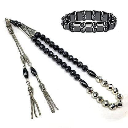 Design-Long & Stylist Tassels Collection Worry Beads-Prayer Beads-Tesbih-Tasbih-Tasbeeh-Misbaha-Subha-Sebha-Sibha-Rosary (Black and Silver Plated Hematite 8 mm 33 Beads & Bracelet) - color: -Faceted Black and Silver Plated Hematite 8 mm 33 Beads & Bracele