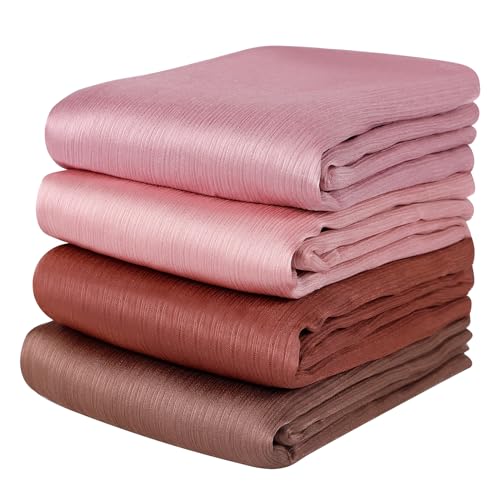 Febfim 4PCS Muslim Women Natural Wrinkle Long Satin Crepe Hijab Set Scarves Smooth Crinkle Ladies Shawl Wrap Set - color: Color 3