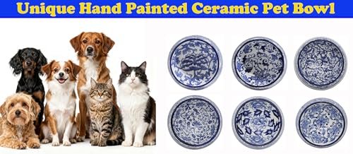 Aimusego Hand-Painted Ceramic Dog Bowl Blue/White Durable Dog Cat Food and Water Pet Dish 11OZ - color: Blue rosette scrolls, size: Small (11OZ)