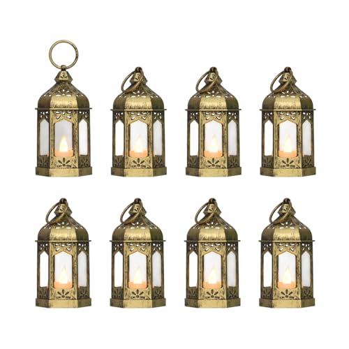 8Pcs 5-inch Mini Lanterns Centerpieces for Table, Baby Shower Decorations, Vintage Small Lantern for Halloween Decorations, Party Lights for Enchanted Forest Decorations, Wedding Decor, Brushed Brass - color: Brushed Brass