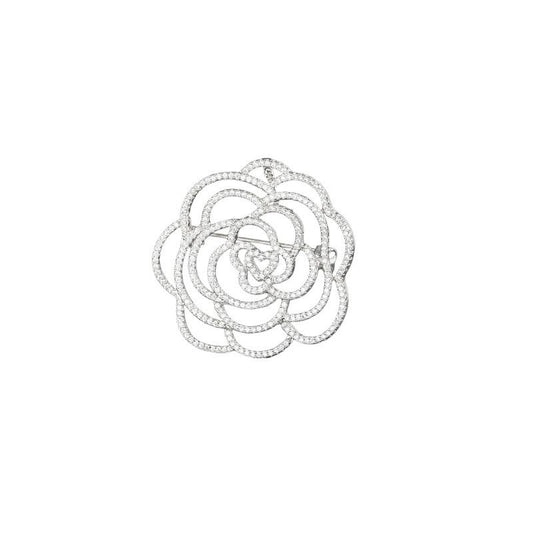 Stunning 14K Gold Moissanite Camellia Brooch，With Openwork Design and Pearl Embellishments ，Ideal Shawl Buckle Accessory & Beautiful Gift - color: Hollow Camellia,White Gold