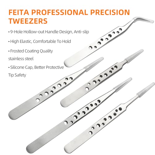 FEITA Precision Tweezer Set - Tweezers for Crafts, Jewelry, Lash Extensions, Electronics & Hobby Tools - color: Silver Tweezers - 5pcs