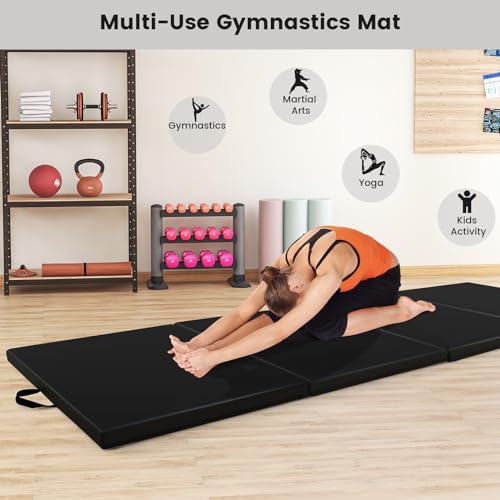 Goplus Folding Gymnastics Mat, 10’ x 4’ x 2’’ Thick Tumbling Mats with PU Leather, Hook & Loop Fasteners, Portable Handles, 4-Panel Exercise Mat for Home Gym Workouts, Yoga - color: Black