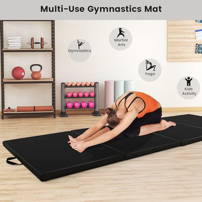 Goplus Folding Gymnastics Mat, 10’ x 4’ x 2’’ Thick Tumbling Mats with PU Leather, Hook & Loop Fasteners, Portable Handles, 4-Panel Exercise Mat for Home Gym Workouts, Yoga - color: Black