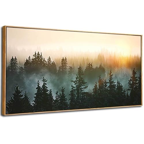 Living Room Wall Art Sunrise Misty Forest 24"x48" Modern Home Wall Decor Plants Wall Decorations Framed Artwork for Bedroom Dining Room Office Hotel - color: Black, size: 24"x48"