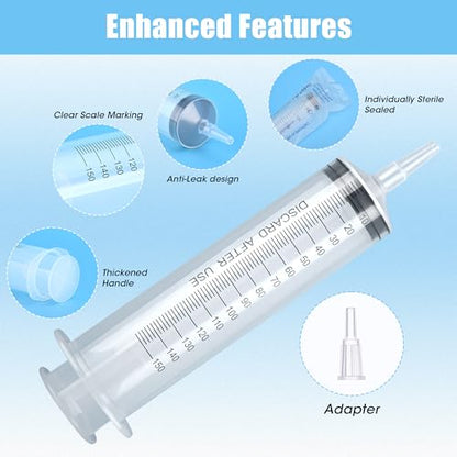 4 Pack 150mL Syringes for Liquid - Large Garden Syringe with Tip Adapter for Liquids, Oil, Watering Plants, Refilling, Measuring, Leak-Proof Design
