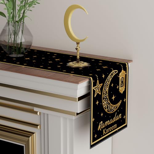 XCHI Black Golden Moon Stars Lantern Ramadan Kareem Table Runner Table Decoration for Party Home Kitchen Dining Holiday Decor 13x72 Inch