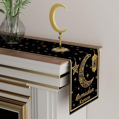 XCHI Black Golden Moon Stars Lantern Ramadan Kareem Table Runner Table Decoration for Party Home Kitchen Dining Holiday Decor 13x72 Inch