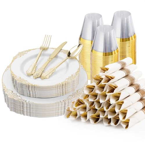 Bestluck 175PCS Gold Disposable Dinnerware for 25 Guests - color: Gold, size: 25 Guests Set