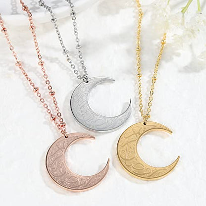 Qitian Islamic Jewelry Gifts for Women Muslim Pendant Gold Allah Arabic Necklaces Ayatul Kursi Necklace Moon Shape Islam - color: B-Rose Gold