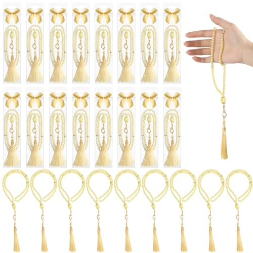 24 Sets Muslim Prayer Beads Gifts Bulk Islamic Eid Party Favors with Bows Box 99 Beads Islamic Prayer Tasbih Rosary Jewelry Moslem Misbaha Tasbeeh Bracelet for Ramadan Hajj Religious Wedding(Yellow)
