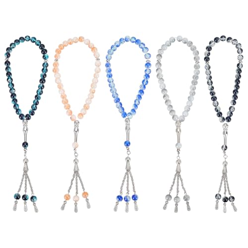 PH PandaHall 5pcs Muslim Tasbih 33 Rosary Beads, Islamic Prayer Beads Muslim Masbaha Rosary Prayer 8mm Glass Beaded Stretch Bracelet for Ramadan Eid Decoration Gift Party Favors, 5 Colors