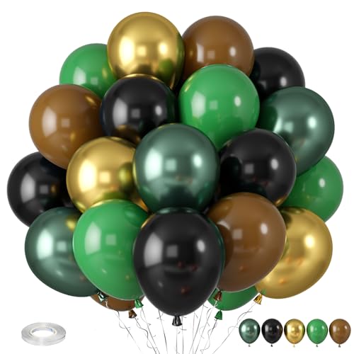 Green and Brown Balloons, Camouflage Metallic Green Black Brown Gold Balloon Balloon, Dark Green Balloons for Jungle Theme Camo Army Birthday Camping Game Baby Shower Party Decorations - color: Green Brown Black