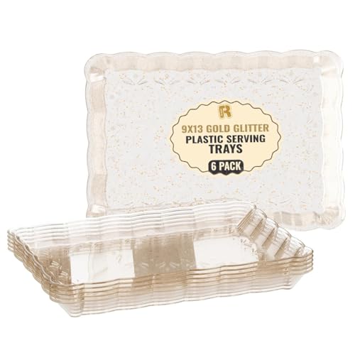6 Pack Gold Glitter Plastic Serving Trays for Party, 9 x 13 Inch - Heavy Duty Plastic Gold Trays for Food - Rectangular Party Serving Platters - color: Gold Glitter