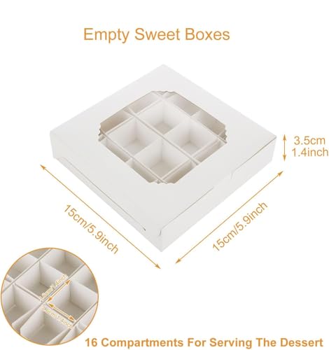 Lotusland 20PCS Empty Sweet Boxes with Window and Divider,White Cake Boxes with 16 Compartments, Treat Cookie Boxes Dessert Containers Boxes for Chocolate Cookie Candy