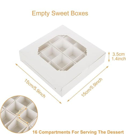 Lotusland 20PCS Empty Sweet Boxes with Window and Divider,White Cake Boxes with 16 Compartments, Treat Cookie Boxes Dessert Containers Boxes for Chocolate Cookie Candy