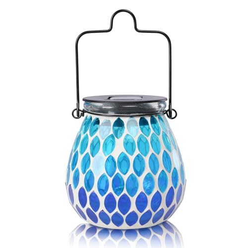 Outdoor Solar Lantern Waterproof Mosaic Glass Hanging Garden Light Raindrop - color: Ocean Blue
