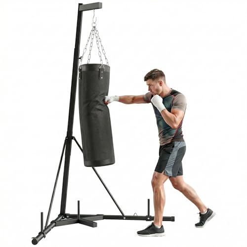 Soozier Punching Bag with Stand for Adults, 72.8"-90.9" Height Adjustable Freestanding Boxing Stand with Canvas Sandbag, Stable Triangular Base and 1" Weight Plate Storage for Home Gym MMA - color: Black