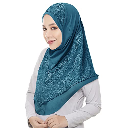 Women Muslim Hijab Scarf Floral Lace Head Wrap Turban Islamic Arab Ready to Wear Aiyah Amira Lightweight Shawl - color: Blue