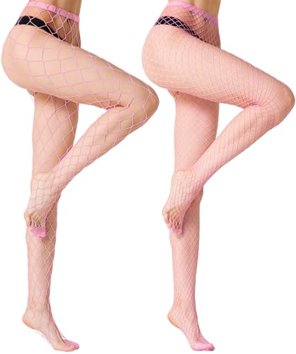 MengPa Women's Fishnets Tights High Waist Stockings Party Thigh High Pantyhose - color: 2pcs-pink