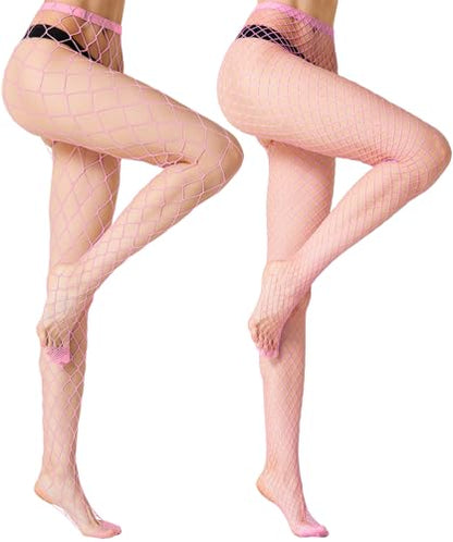 MengPa Women's Fishnets Tights High Waist Stockings Party Thigh High Pantyhose - color: 2pcs-pink