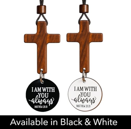 Daily Bible Verse Rearview Mirror Cross Ornament – Daily Scripture Car Charm Hanging Cross for Car with “I Am with You Always” Medallion (Black) - color: Black