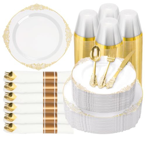 Bestluck 525PCS Gold Disposable Dinnerware for 75 Guests - color: Gold, size: 75 Guests Set