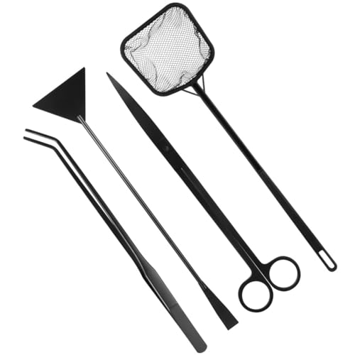 4-Piece Aquarium Tool Set, Curved Scissors, Tweezers, Sand Spatula & Fish Net for and Tank Cleaning