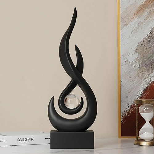 Modern Flame Sculpture Decor Flame Statue with Glass Ball Resin Abstract Art Figurines Centerpiece Sculpture for Home Decor Living Room Stand Coffee Table Office Decor (Medium Black) - color: Medium Black