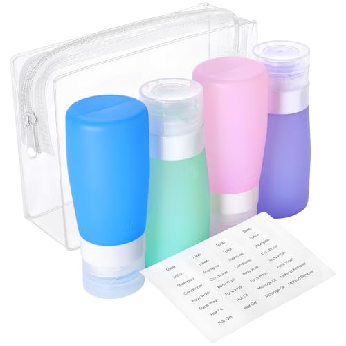 PACKISM TSA Approved Toiletry Bag with Bottles - 3.4 oz Silicone Container - color: 5-Pack Blue/Pink/Purple/Light Green/Clear Makeup Bag, style: All-in-one Tsa Kit (Bottles + Bag)
