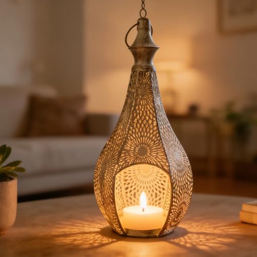 Decorative Candle Holder, Moroccan Gourd Lantern Lamp with Hollow Metal Design, Bohemian Hanging Light for Home & Ramadan Decoration